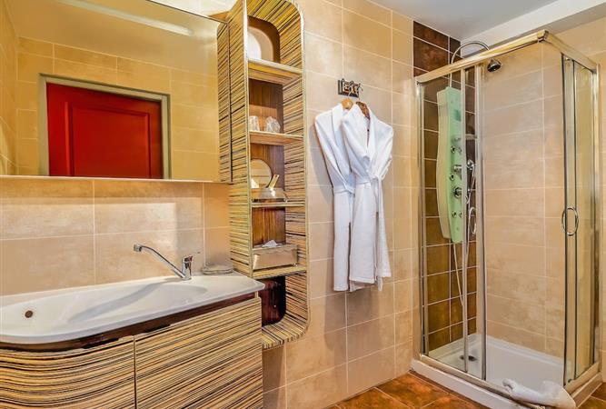 Salle de bain avec douche de la Suite Prestige - Hôtel Résidence